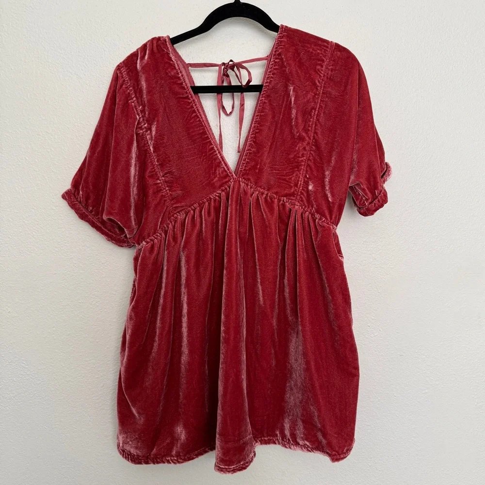 Free People Ivy Rose Smoke Velvet Tie Back Plunge Babydoll Mini Dress XS